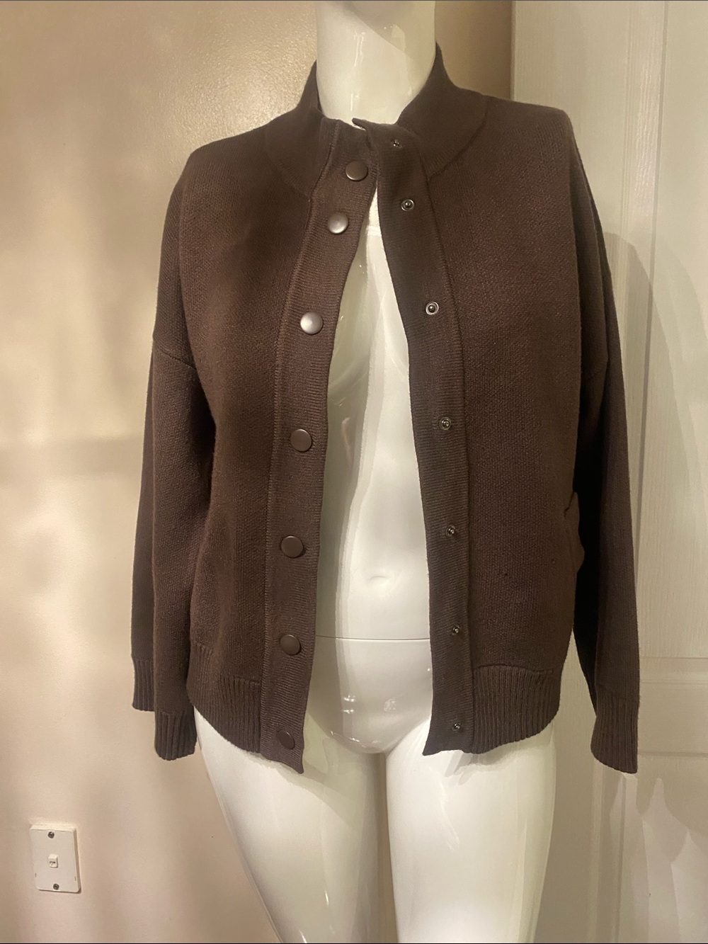 Rachel Zoe Dark Brown Snap-Front Knit Cardigan L